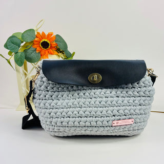The Arwen – Handmade Crochet Crossbody Bag in Gray with Leather Flap