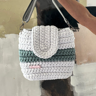 The Arwen Handbag – Handmade Crossbody Crochet Bag in White and Smoky Grey
