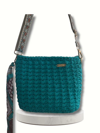 Handmade Crochet Crossbody Bag in Turquoise – The Sandra | Cotton T-Shirt Yarn Purse for Women