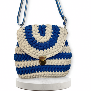 Handmade Crochet Crossbody Purse & Backpack in Ultramarine Blue & Stone | Convertible T-Shirt Yarn Bag for Women