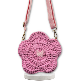 Handmade Crochet Flower Crossbody Purse for Kids in Bubblegum Pink | T-Shirt Yarn Bag for Girls