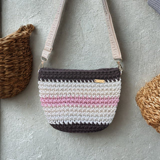 The Alicia (Small) – Handmade Crochet Crossbody Bag in Brown, Ecu & Pink