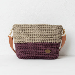 Handmade crochet crossbody bag in burgundy and coffee colors.
