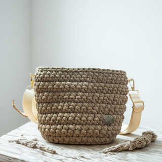 Handmade crochet crossbody bag in coffee brown color with a tag showing the brand name.
