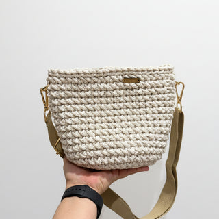 Handmade small crochet crossbody bag in Shiny Ivory made with cotton braided cord
