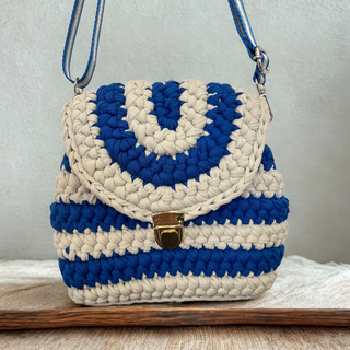 Handmade Crochet Crossbody Purse/Backpack in Ultramarine Blue and Stone