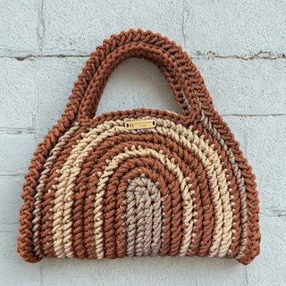 Handmade Crochet Crossbody Bag in Copper, Mink & Latte | The Aurora handcrafted with 100% polyester cord from Turkey by Alpine Crochet Studio.