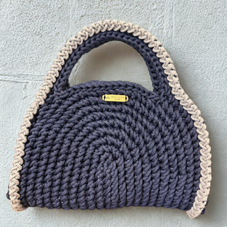 Handmade Crochet Crossbody Bag in Shiny Ecru & Mustard | The Aurora handcrafted with 100% polyester cord from Turkey by Alpine Crochet Studio.