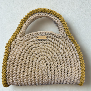 Handmade Crochet Crossbody Bag in Shiny Ecru & Mustard | The Aurora handcrafted with 100% polyester cord from Turkey by Alpine Crochet Studio.