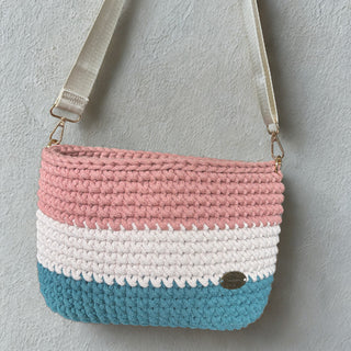 The Alicia Handbag – Handmade Crossbody Crochet Bag in Teal, Nude & Blush